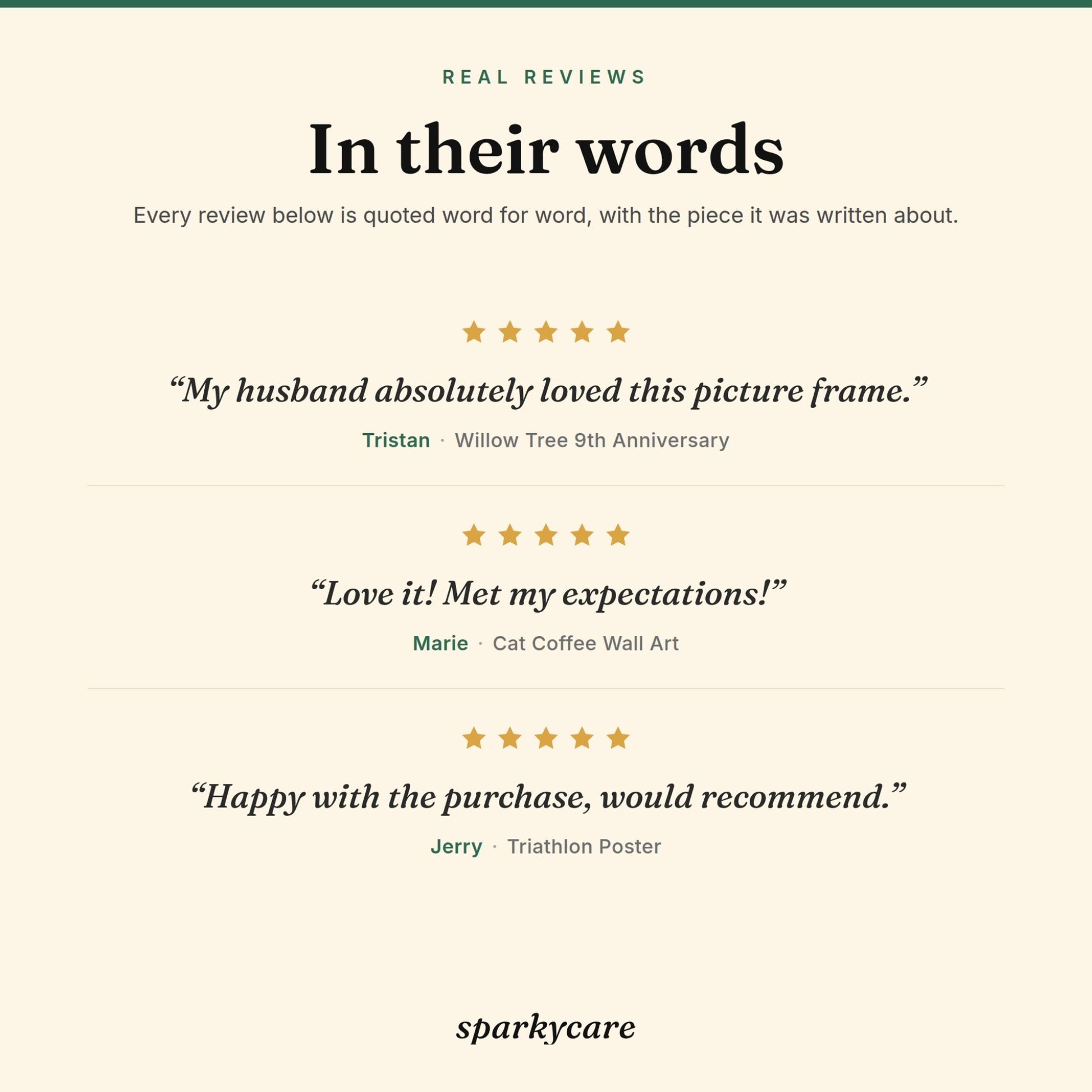 Three five-star reviews from Sparkycare customers, each shown with the design it was written about
