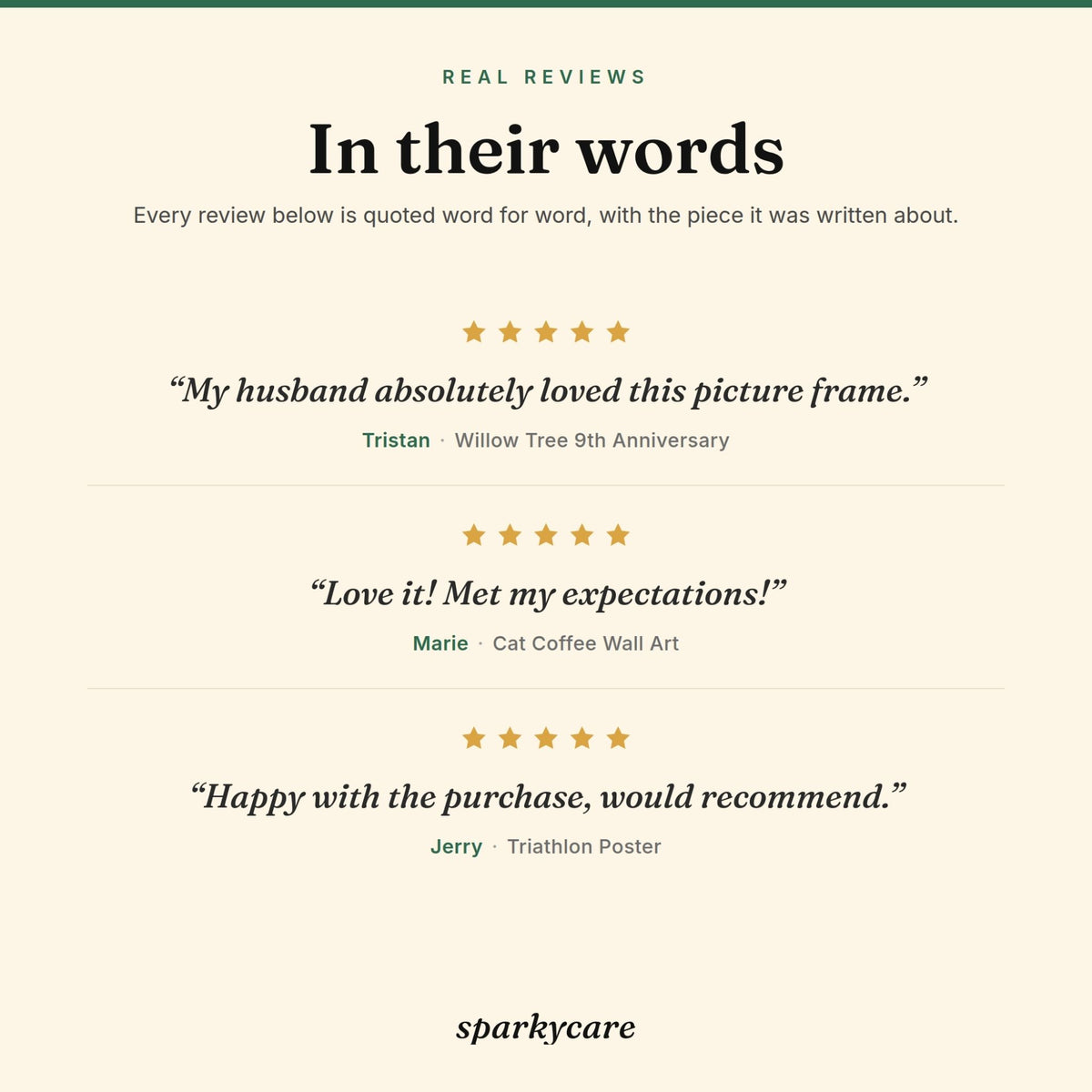 Customer review card with three five-star quotes, each labelled with the product it was written for