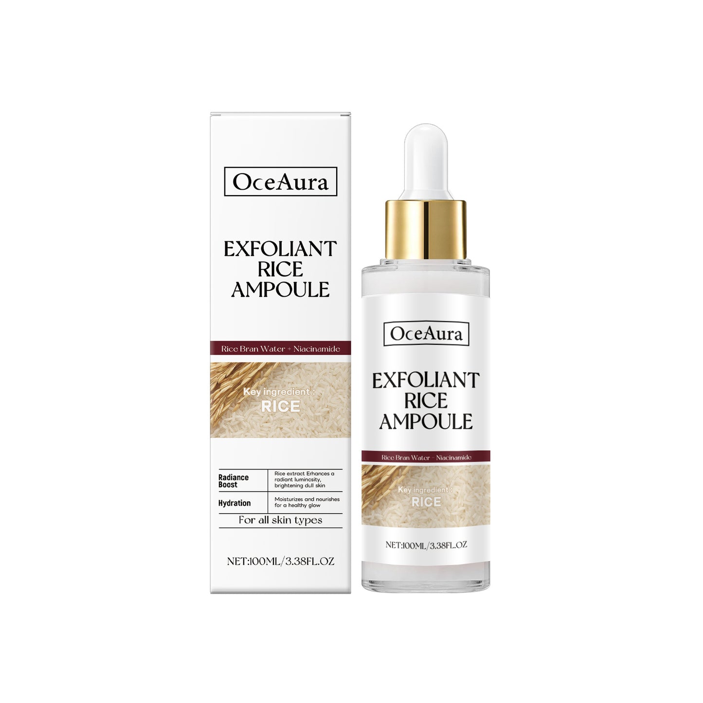 Rice exfoliating serum with niacinamide showing ingredient panel and 100ml size