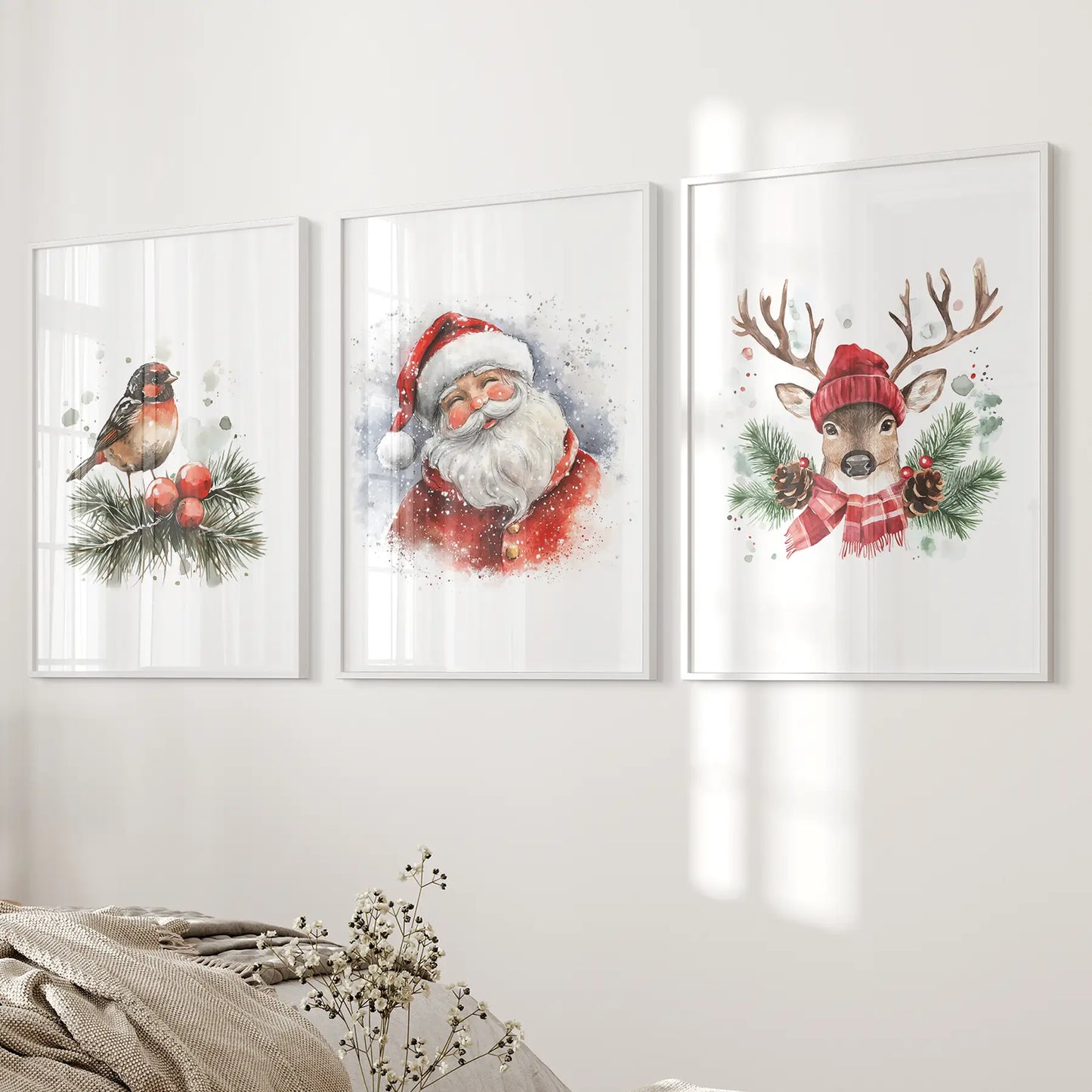 Christmas Print Set of 3 Santa Reindeer Holiday Wall Art