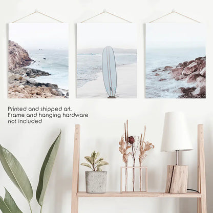 Surf Wall Art Set, 3 Piece Ocean Beach and Rocks Prints