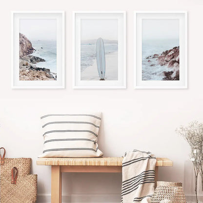 Surf Wall Art Set, 3 Piece Ocean Beach and Rocks Prints