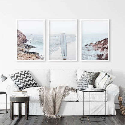 Surf Wall Art Set, 3 Piece Ocean Beach and Rocks Prints