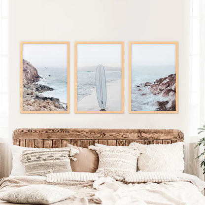 Surf Wall Art Set, 3 Piece Ocean Beach and Rocks Prints