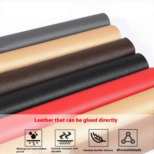 Rolls of leather repair sticky patches in various colors with text and icons indicating properties.