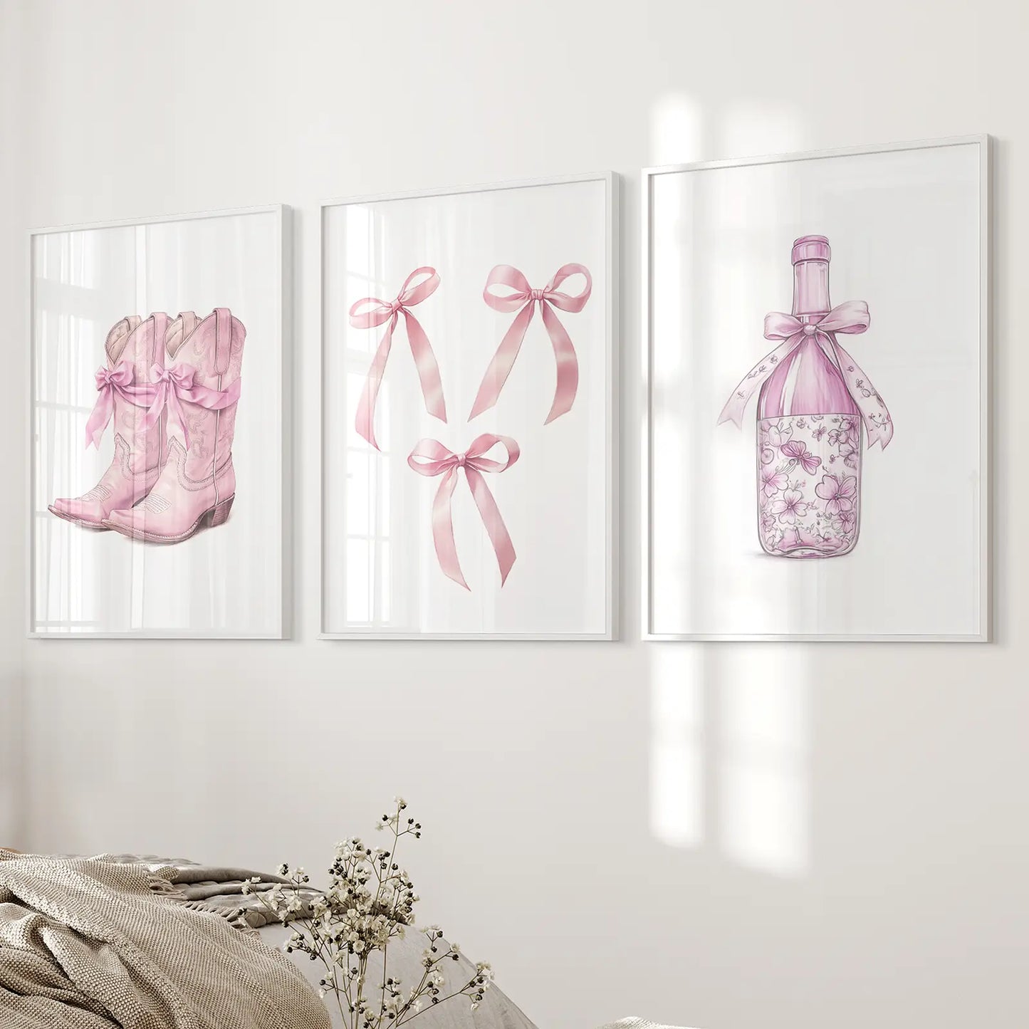 Pink Preppy Western Wall Art Set of 3 Prints Decor