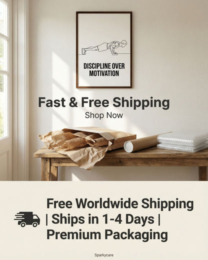 Room interior with a wooden bench, framed poster, and text about fast and free shipping.