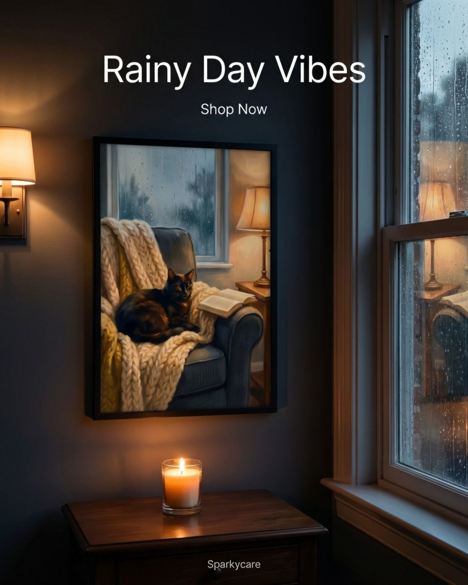 Room with a framed picture of a cat on a couch, a lit candle, and rain outside the window. Text 'Rainy Day Vibes' and 'Shop Now' displayed.