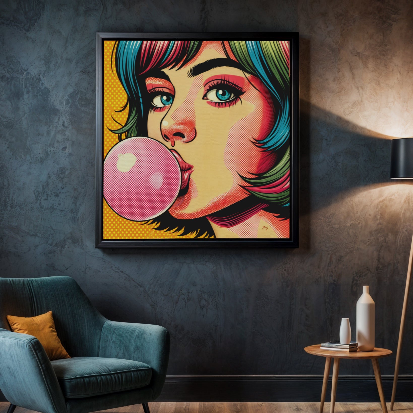Roys Bubble pop art girl blowing bubble canvas wall art with bold colors