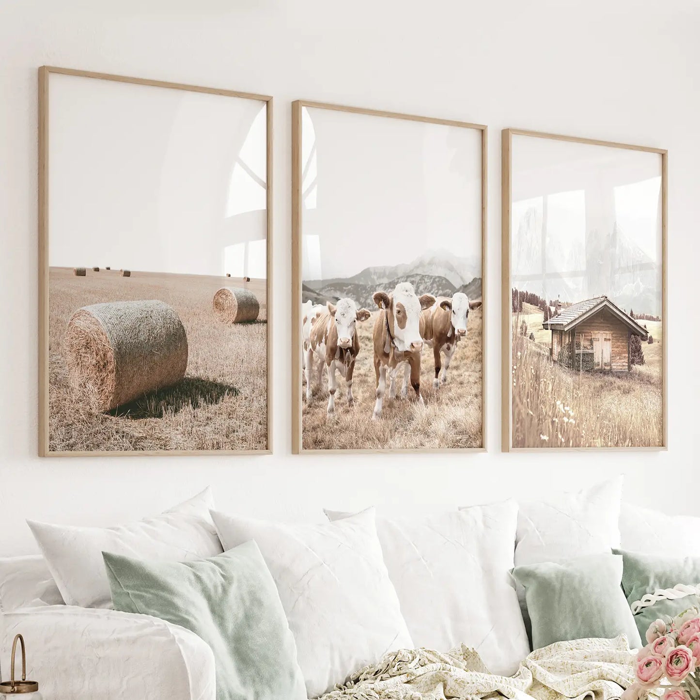 Set of 3 rustic farm prints with a barn, cows, and hay bales