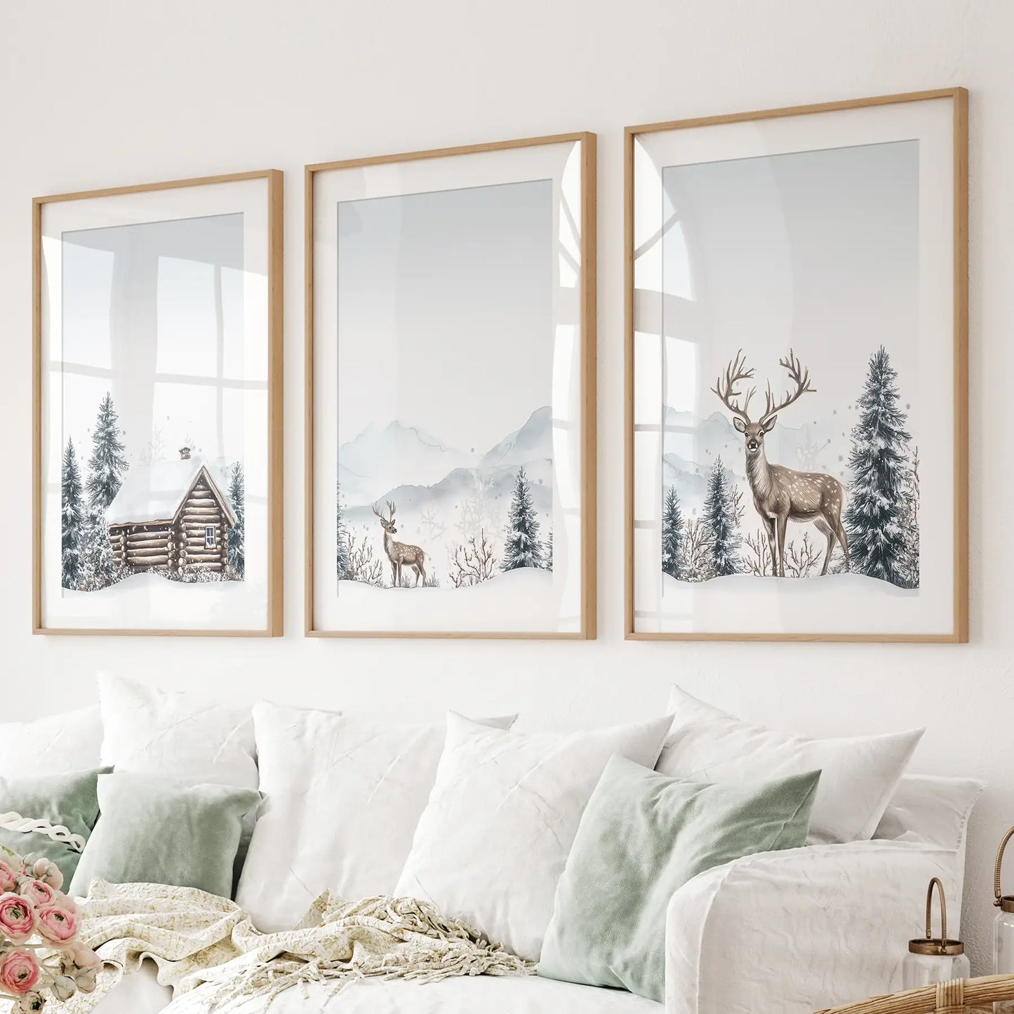 Snowy Deer Winter Wall Art, Woodland 3 Piece Set