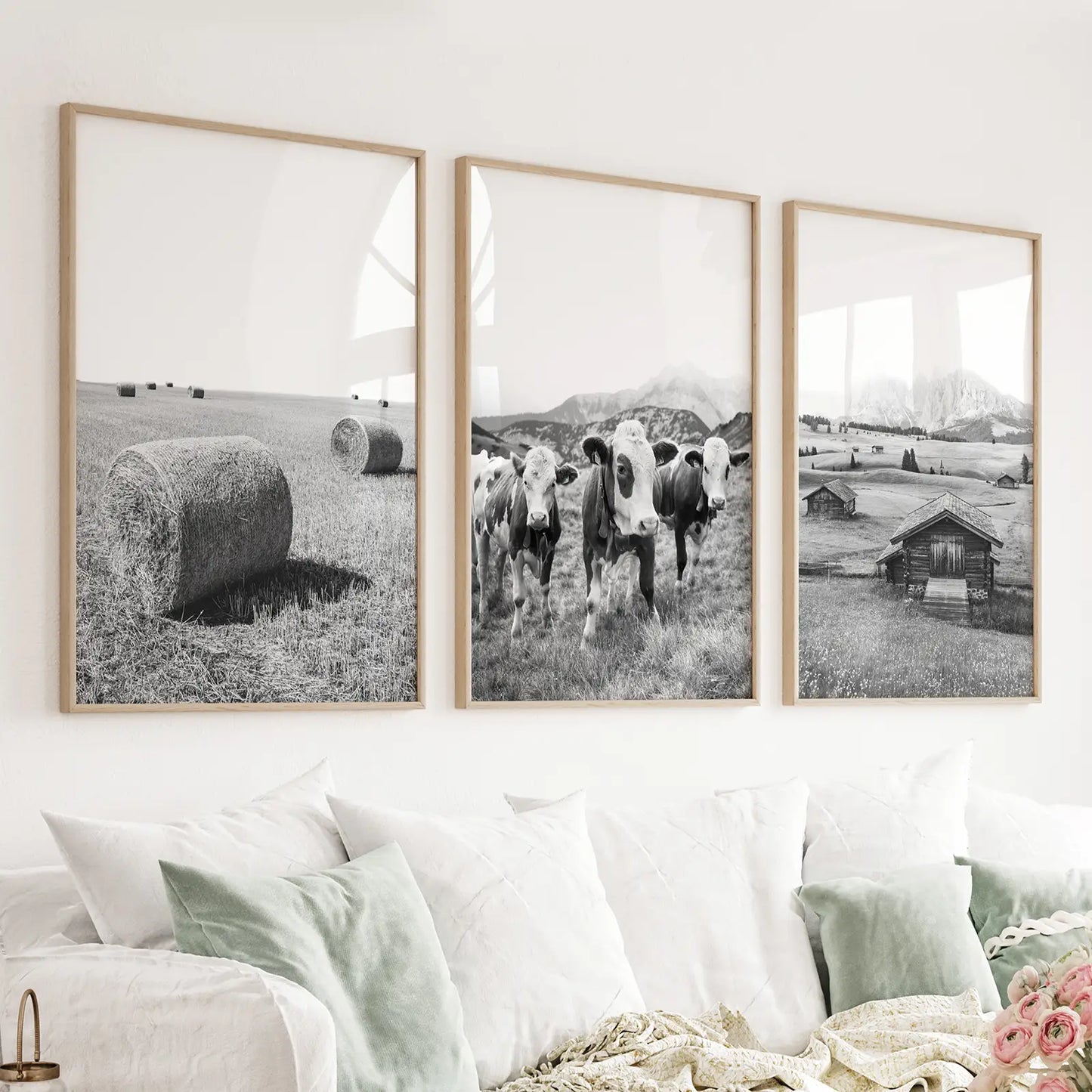 Black and white farmhouse wall art set with cows, barn, and field