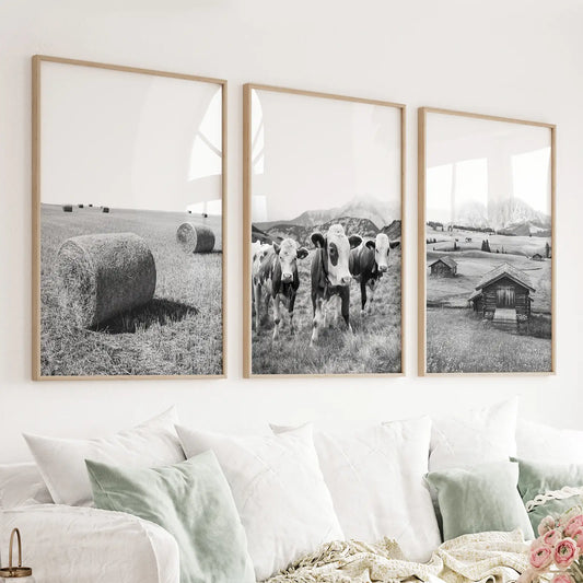 Black and white farmhouse wall art set with cows, barn, and field
