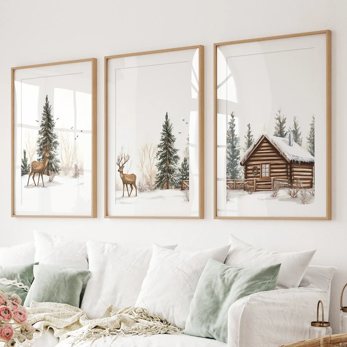 Deer and Cabin Winter 3 Piece Rustic Nordic Wall Art