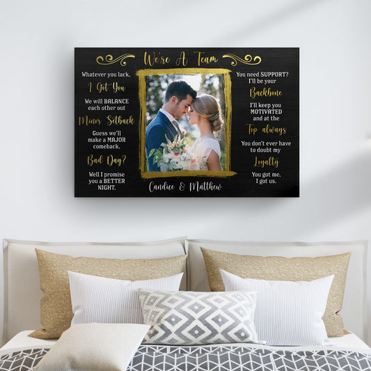 Personalized We're A Team couple canvas sign with names and date in rustic lettering