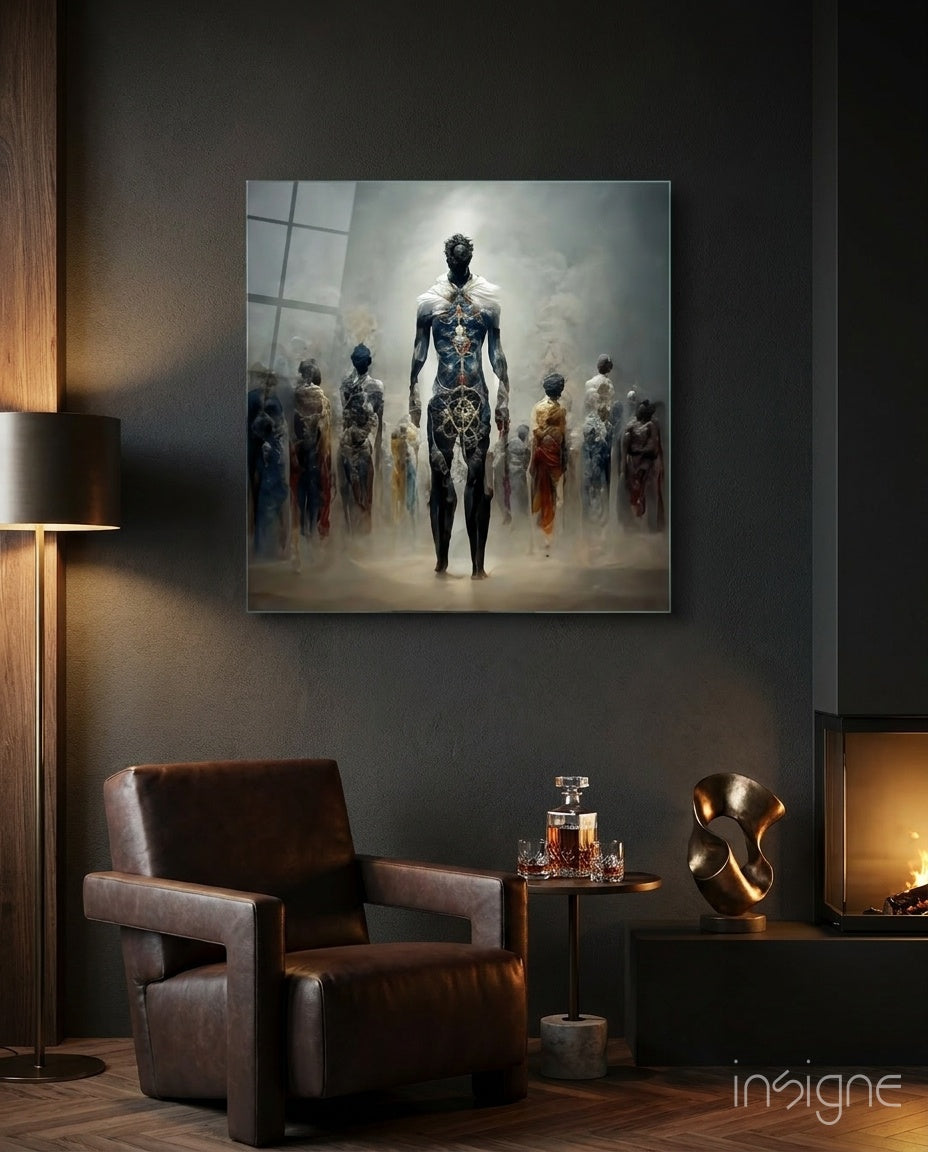 Genesis Glass Wall Art hanging on a modern living room wall