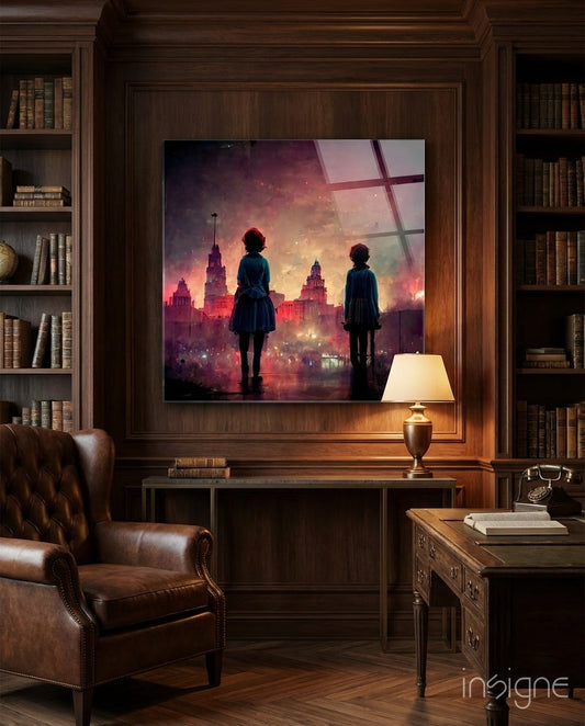 The City Was Sad Glass Wall Art hanging on a modern living room wall