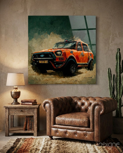 Racer Glass Wall Art hanging on a modern living room wall
