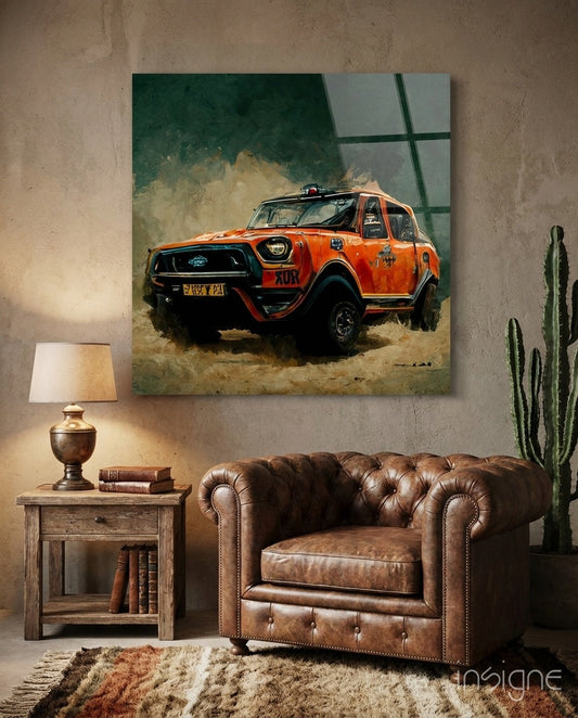 Racer Glass Wall Art hanging on a modern living room wall