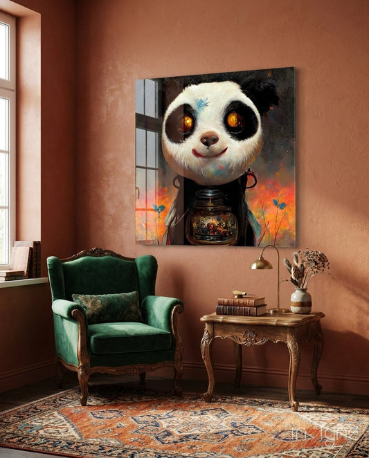 Panda Cup Glass Wall Art hanging on a modern living room wall