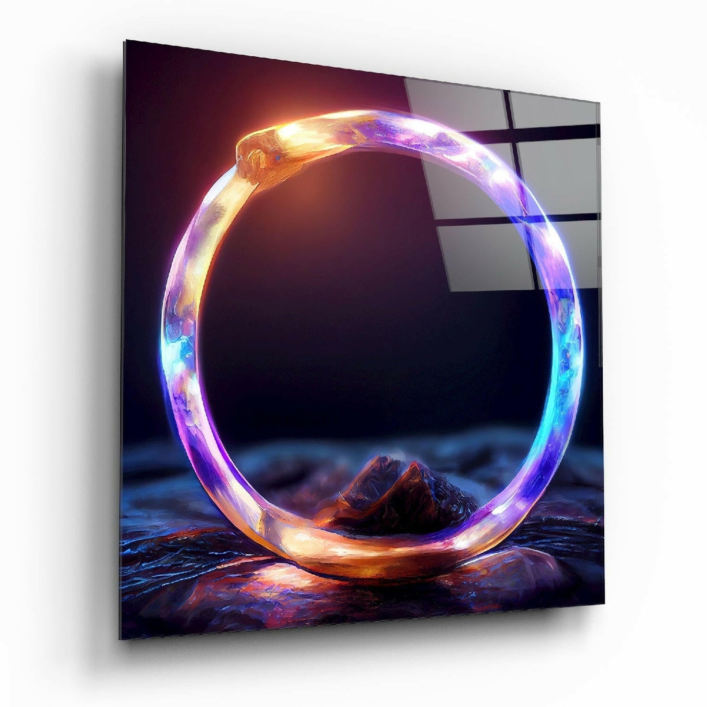 The Ring glass wall art hanging on a living room wall
