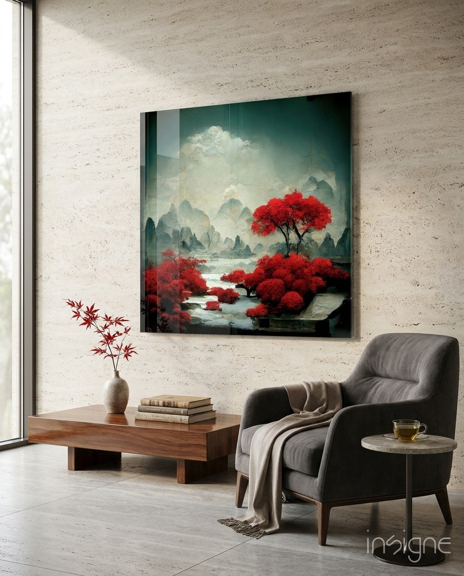 Red Forest glass wall art moody landscape design