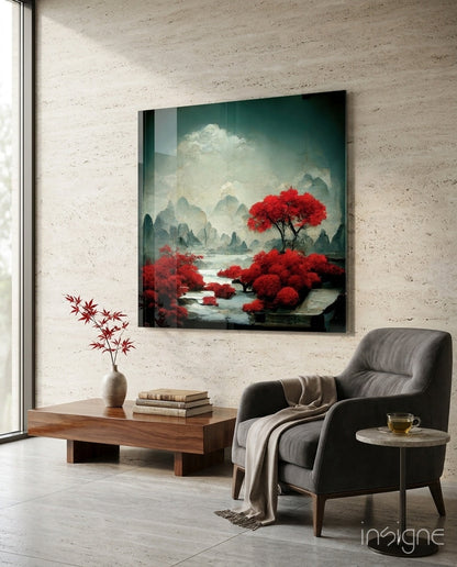 Red Forest glass wall art moody landscape design