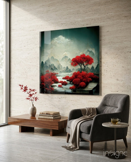 Red Forest glass wall art moody landscape design