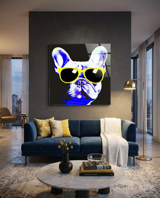 Cool dog glass wall art, laid-back dog with attitude on high-gloss tempered glass