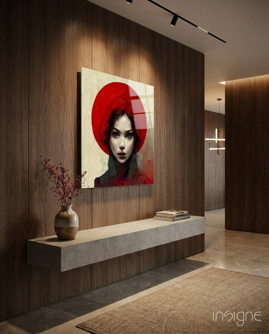 Red Hat glass wall art bold figure design