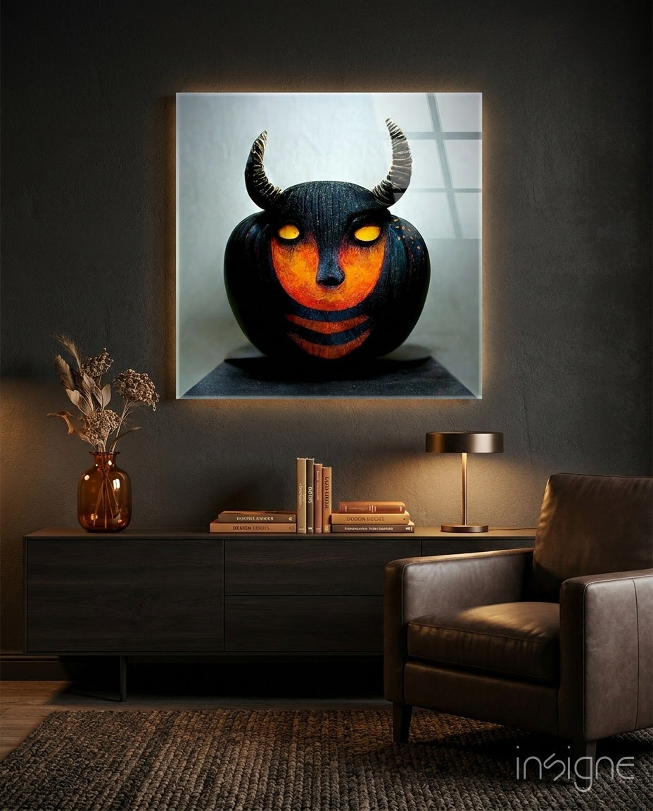 Evil Pumpkin glass wall art spooky jack-o-lantern design