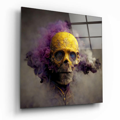 Smoky Skull glass wall art hanging on a living room wall