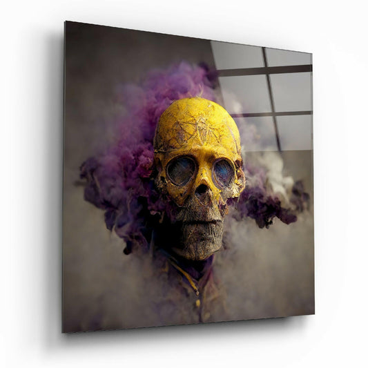 Smoky Skull glass wall art hanging on a living room wall