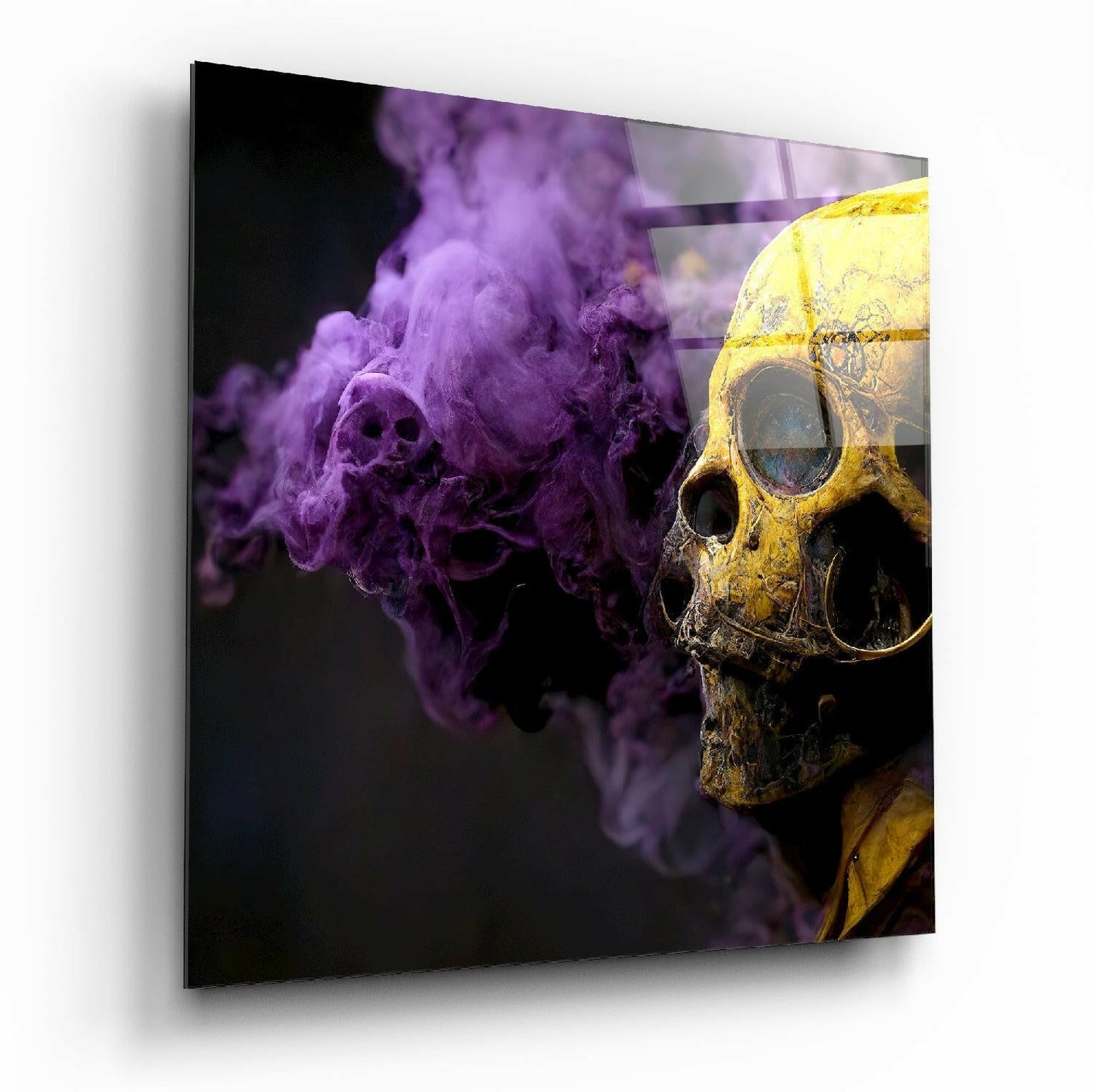 Smoky Skull glass wall art with golden skull and purple smoke design
