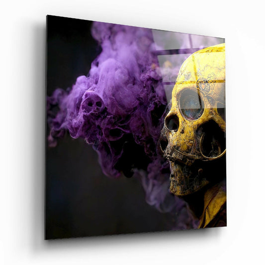 Smoky Skull glass wall art with golden skull and purple smoke design