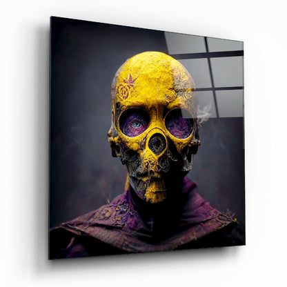 Yellow Mask tempered glass wall art hanging in a modern living room