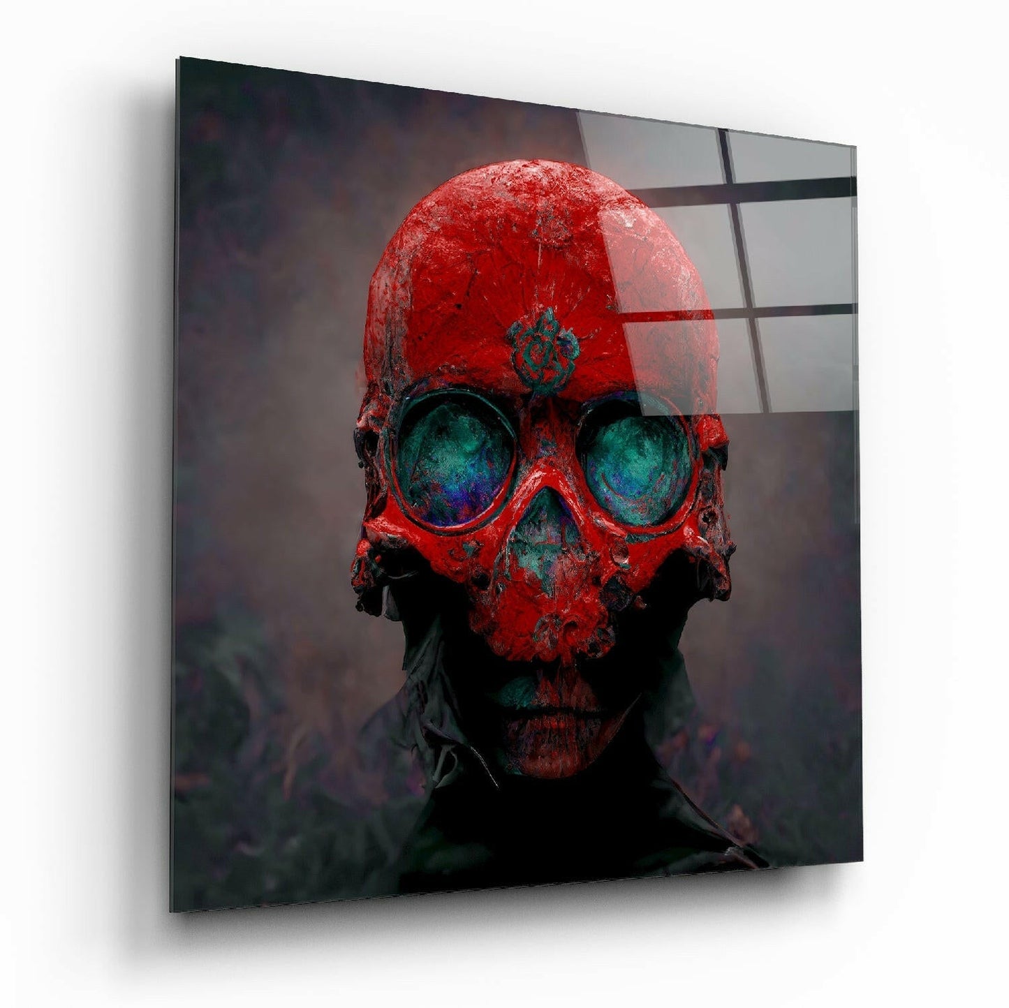 Red Head Glass Wall Art hanging on a modern living room wall