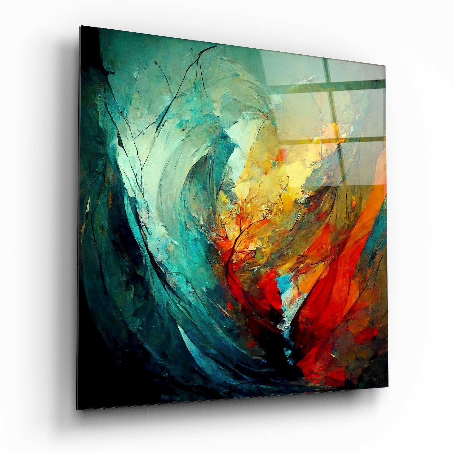 Color Jungle glass wall art hanging on a living room wall