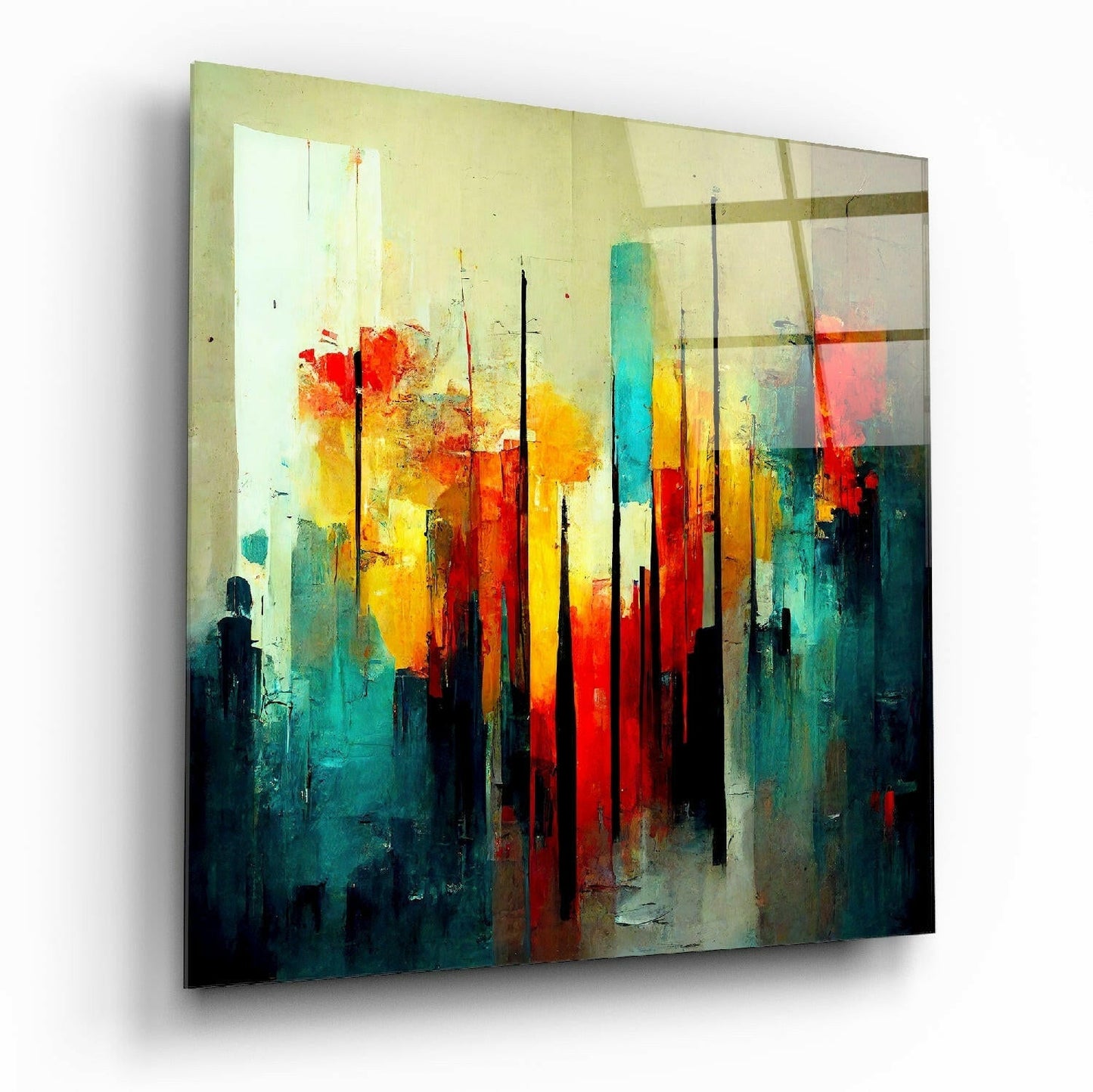 City Silhouette glass wall art hanging on a living room wall