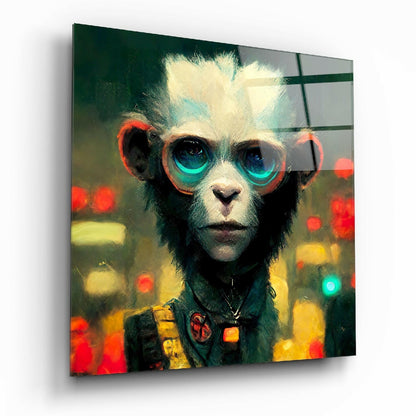 The Monkey glass wall art, playful monkey portrait