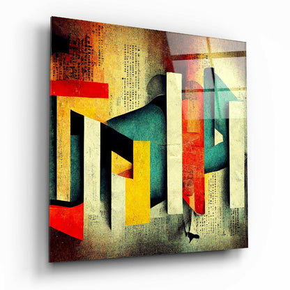 Lost Alphabet glass wall art hanging on a living room wall