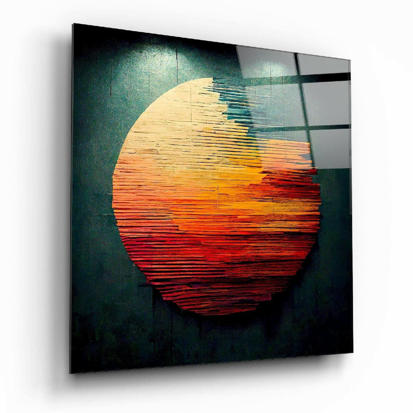 Sun glass wall art hanging on a living room wall