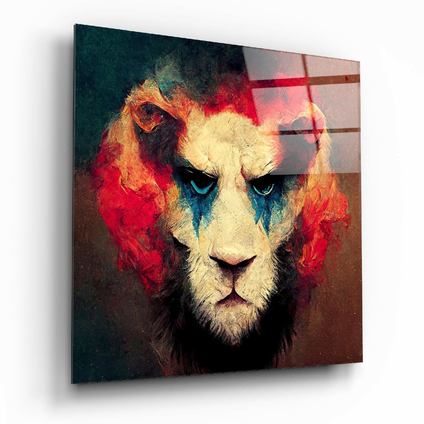 Fiery Red Mane Lion glass wall art with blue eyes design