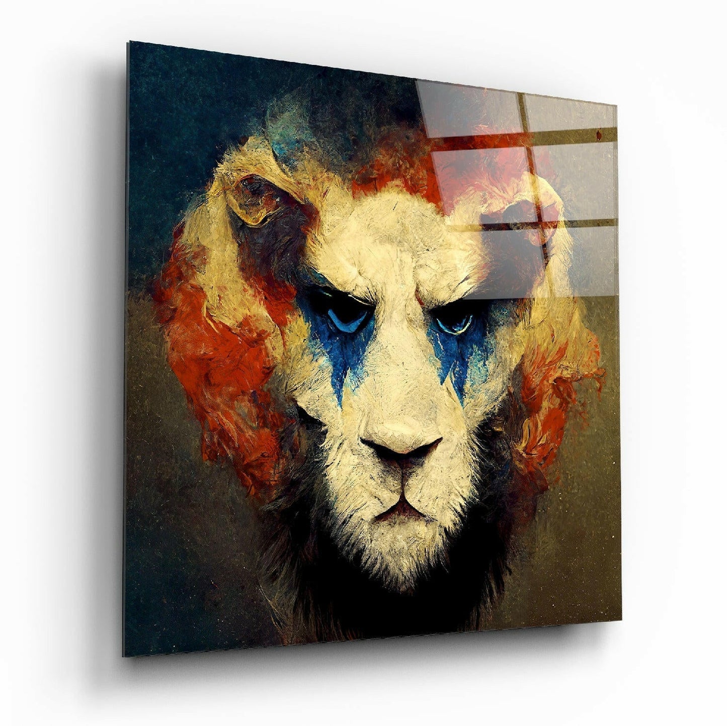 Blue War Paint Lion glass wall art with amber mane design
