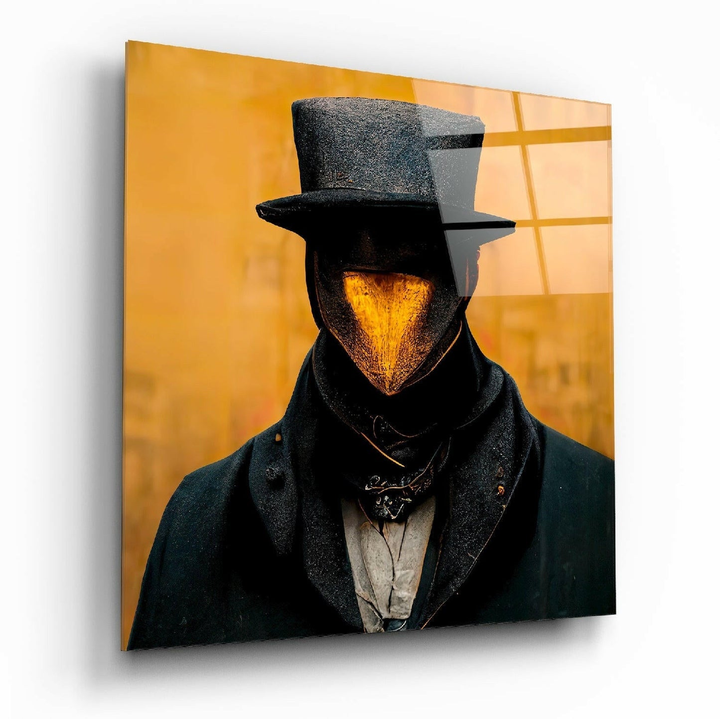 The Beak Behind the Masks glass wall art hanging on a wall