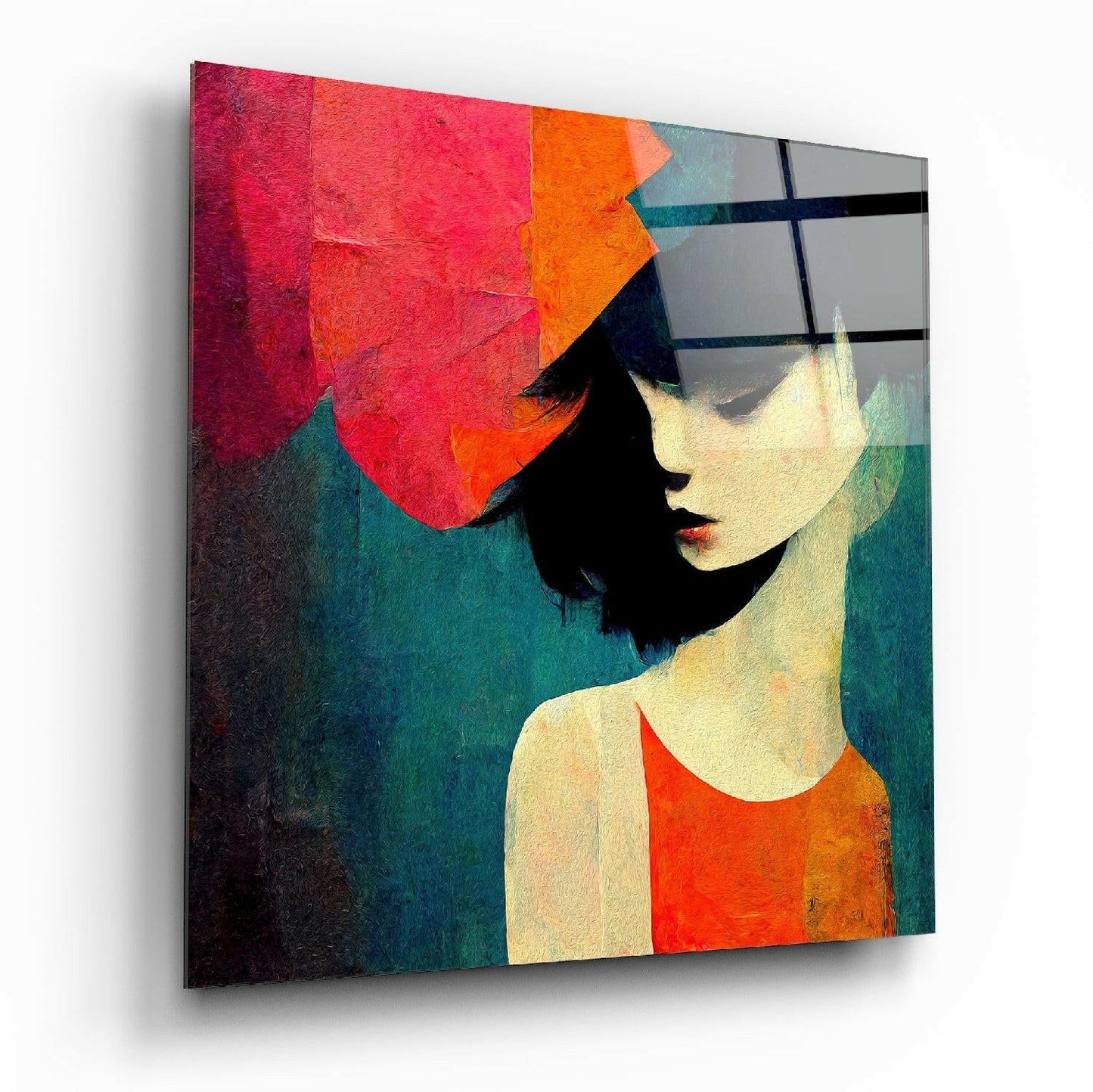 Sadness Glass Wall Art hanging on a modern living room wall