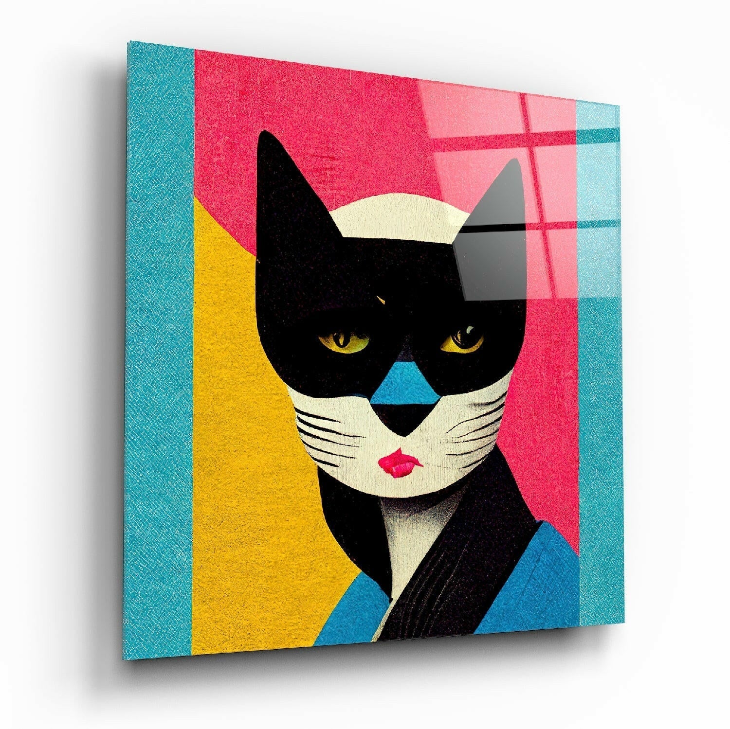 Black Masked Cat glass wall art with pink and yellow color blocks
