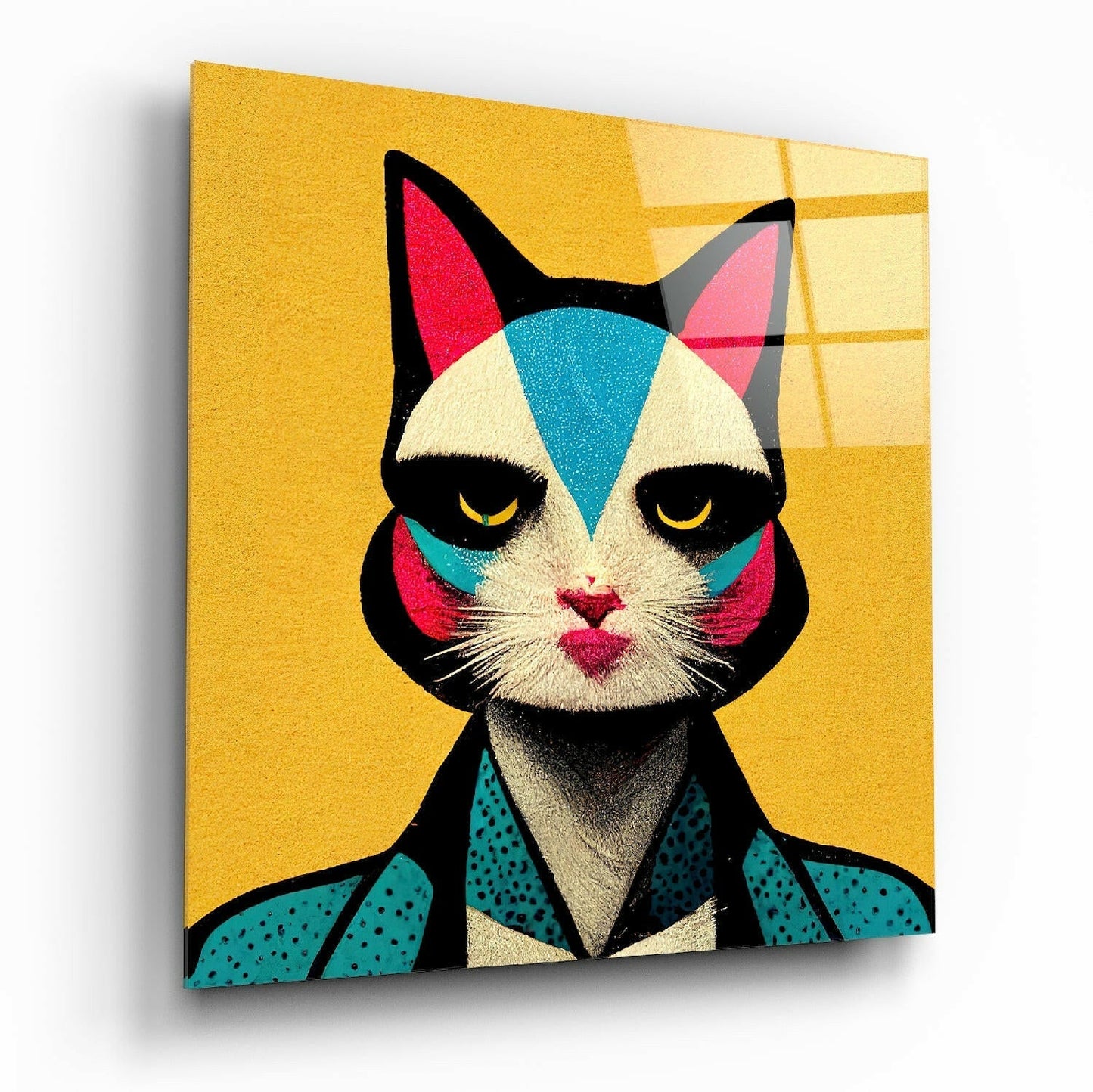 Ms. Cat Glass Wall Art hanging on a modern living room wall