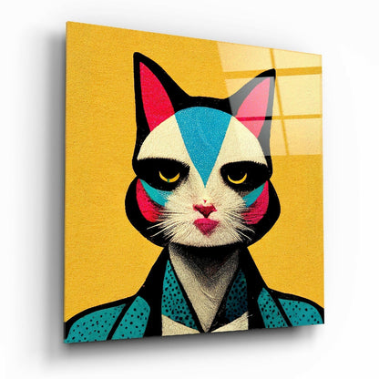 Ms. Cat Glass Wall Art hanging on a modern living room wall