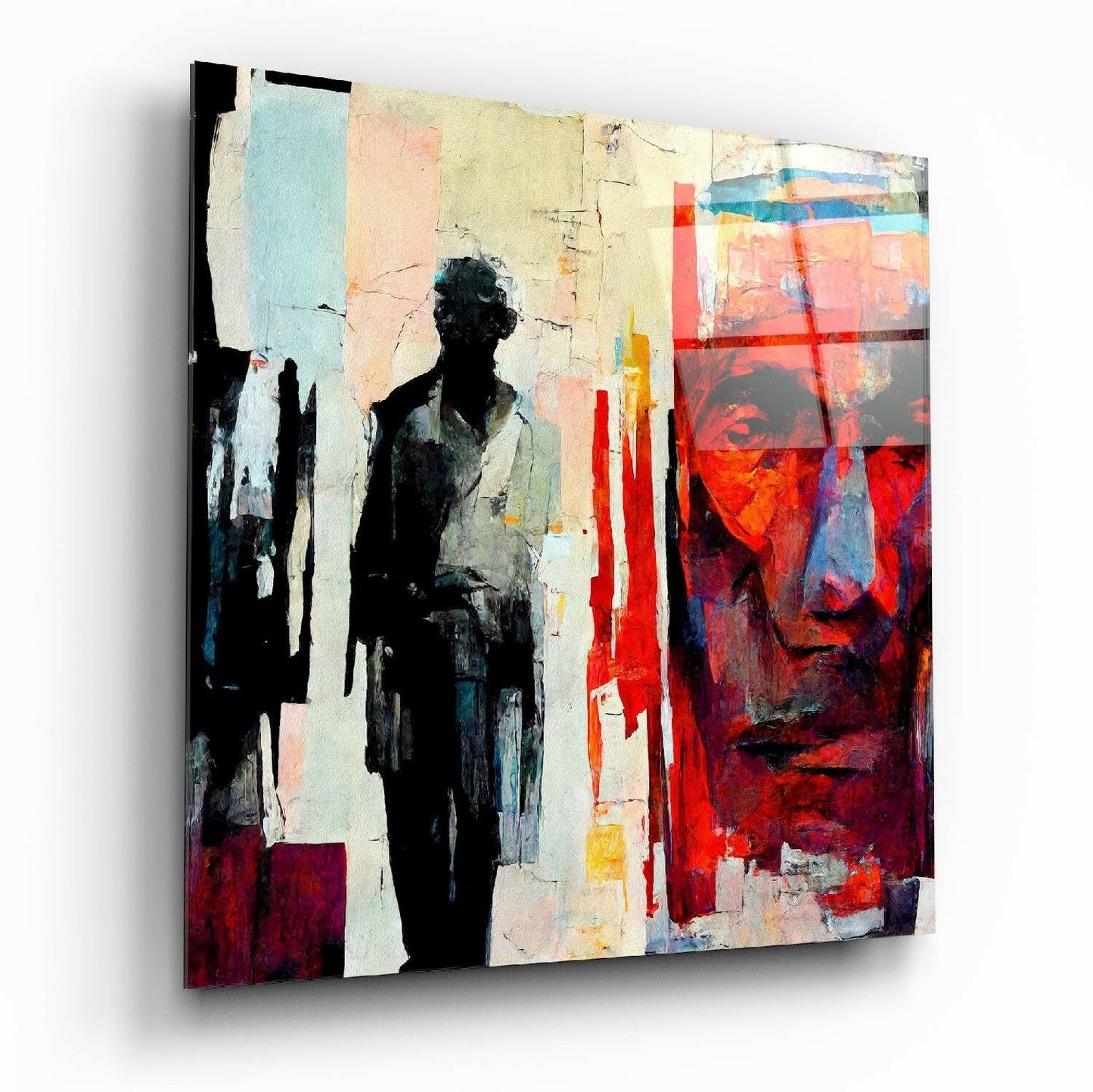 Surveillance Glass Wall Art hanging on a modern living room wall